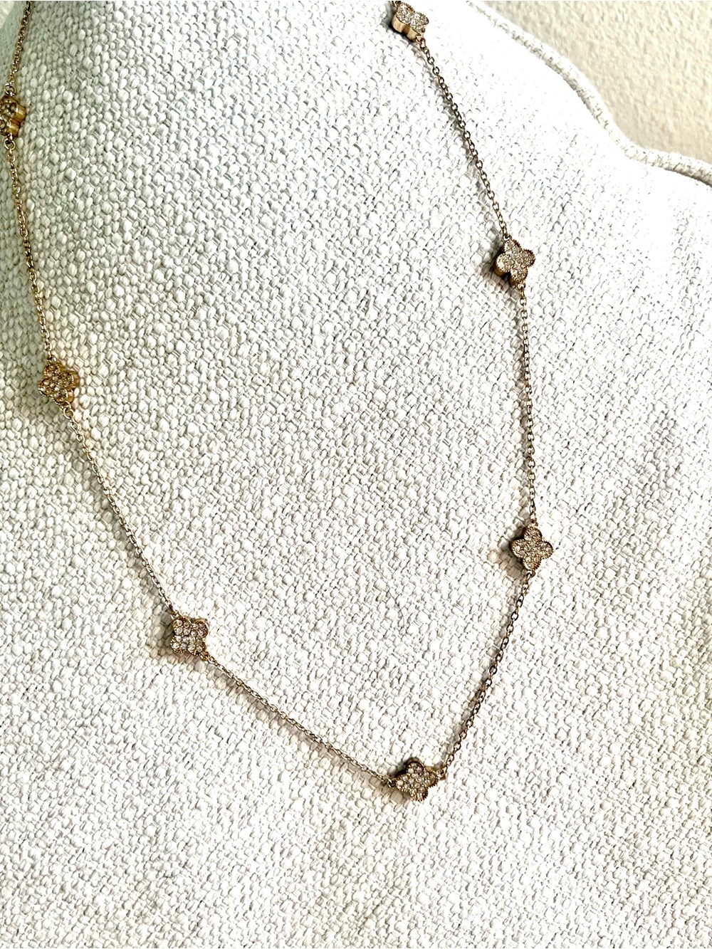Delicate Gold tone Clover Station Necklace - Sparkling Accent